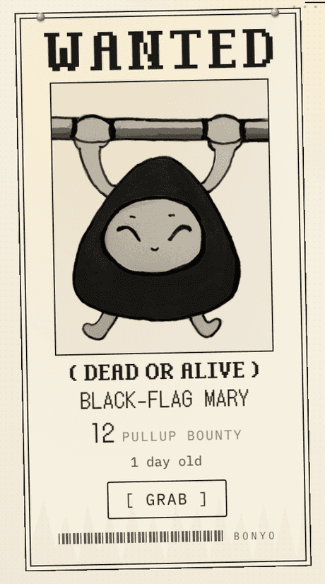 A WANTED-style bounty poster: a crewmate's 12 pull-up bounty with a Grab button.